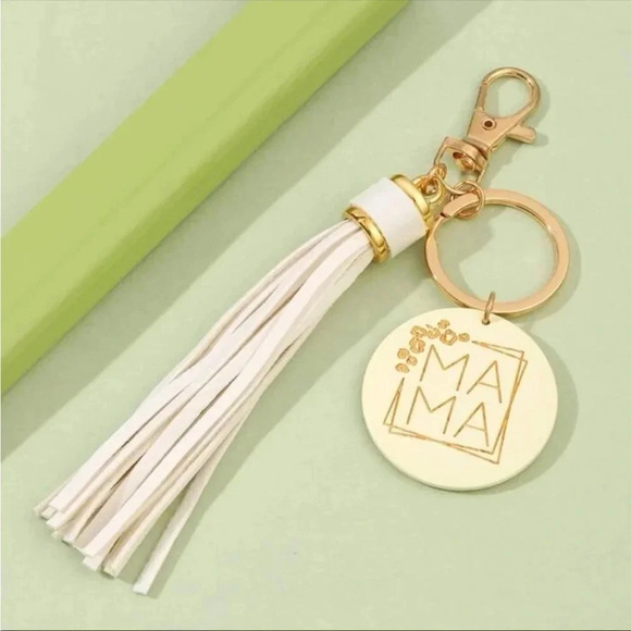 MAMA Keychain Tassel | Gold Leather Fringe Mom Gift Bag Charm - Picture 2 of 4